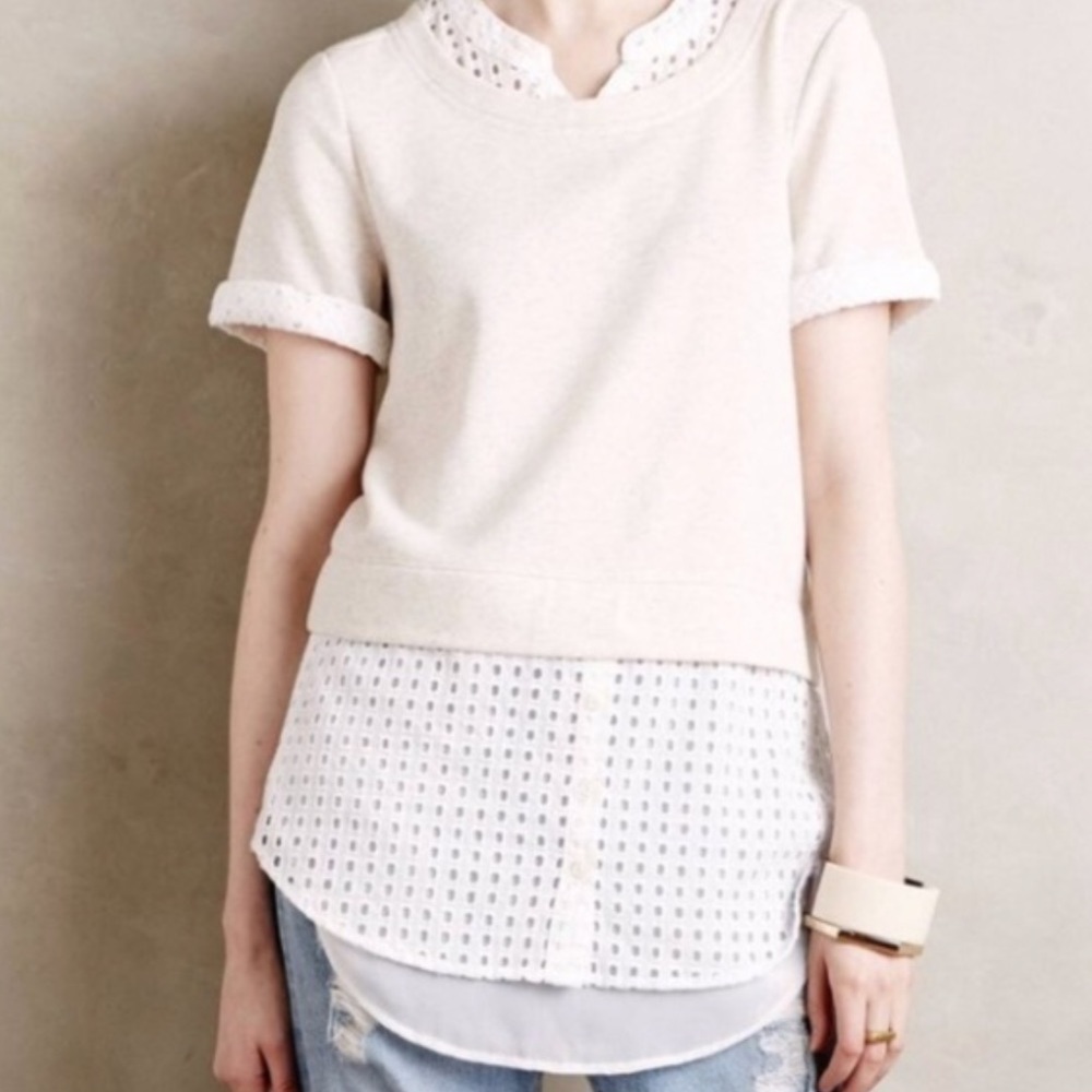 Anthropologie 9-H15-STCL layered eyelet top gray